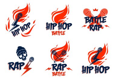 Rap müzik vektör logolar veya amblem mikrofon ile el fl ayarla