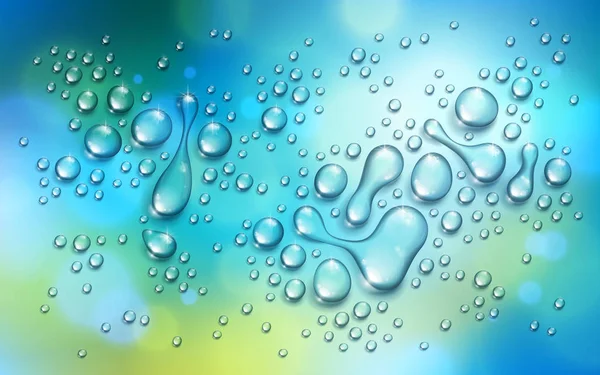Krople deszczu wody lub pary nad niewyraźne nat zielony i niebieski — Wektor stockowy
