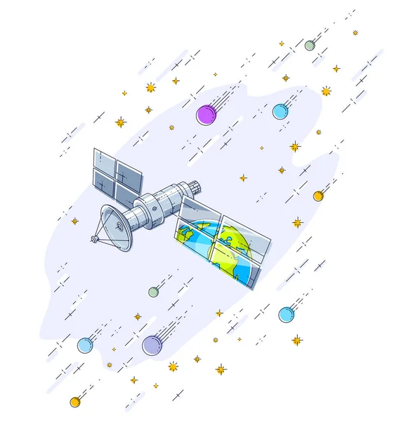 Tecnologia di comunicazione globale satellite che vola nello stellato s — Vettoriale Stock