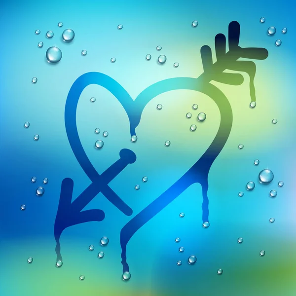 Hjärta och pil ritas på ett fönster över suddig bakgrund och wa — Stock vektor