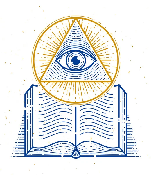 Secret knowledge vintage open book with all seeing eye of god in — Stock Vector