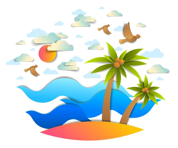 Playa con palmeras, olas de mar perfecto paisaje marino, aves nubes y s — Vector de stock