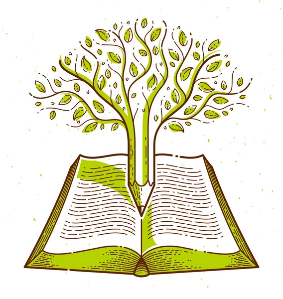 Árbol combinado con lápiz sobre la educación libro vintage abierto o sc — Vector de stock