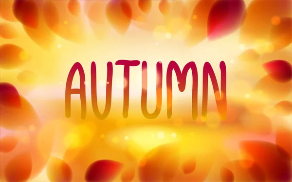 Podzimní slovo nakreslené na okénku, žluté a červené listí rozmazané — Stockový vektor