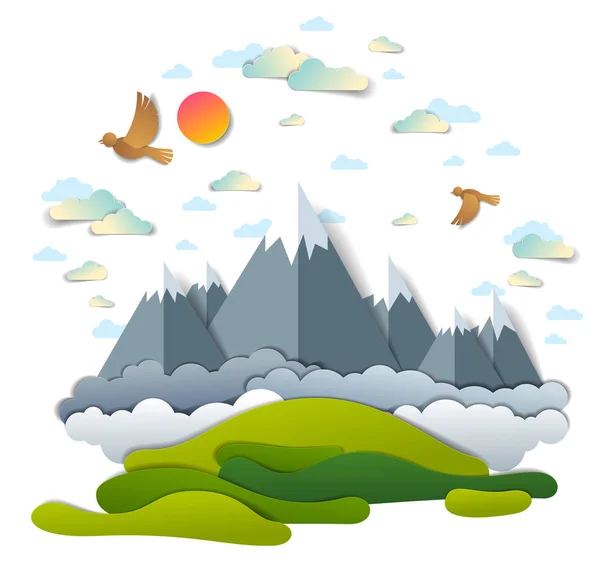 Picos de alta montaña cordillera paisaje escénico de verano con nubes — Vector de stock