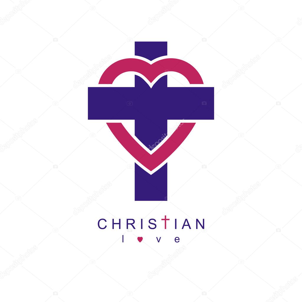 True Christian Love and Belief in God, vector creative symbol design, combined Christian Cross and heart, vector logo or sign.