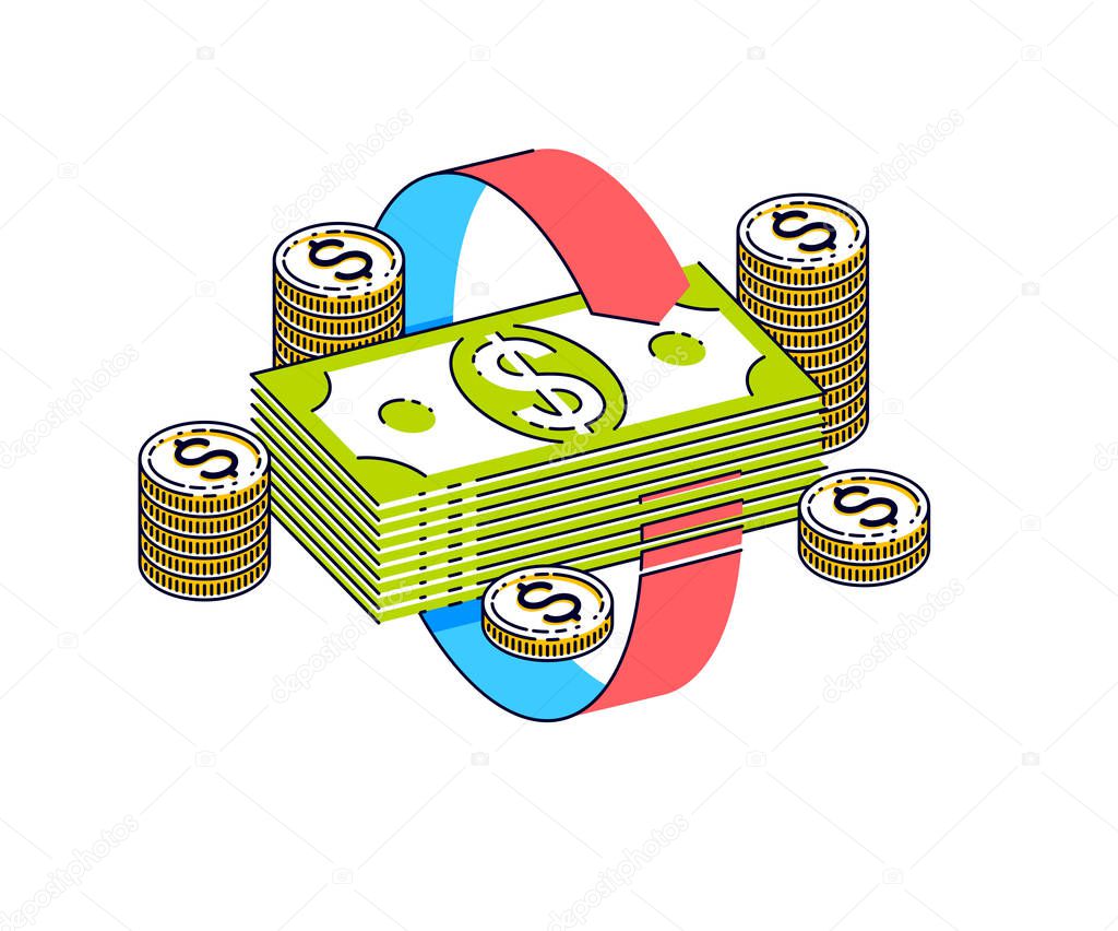 Money circulation, return on investment, currency exchange, cash