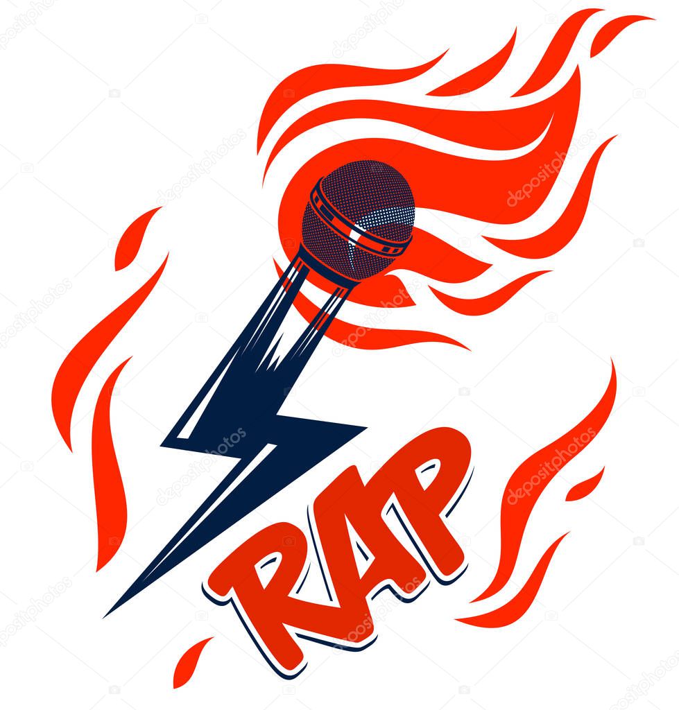 Rap music vector logo or emblem with microphone in a shape of li