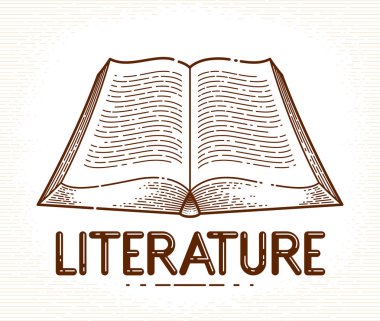 Vintage açık kitap vektör grafik tasarım elemanı, edebiyat ve 