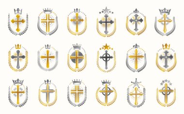 Vintage Christian vektör logolarını ya da amblemlerini çaprazlıyor, heraldik desi