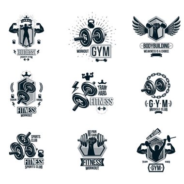 Set of vector bodybuilding theme emblems and advertising posters clipart