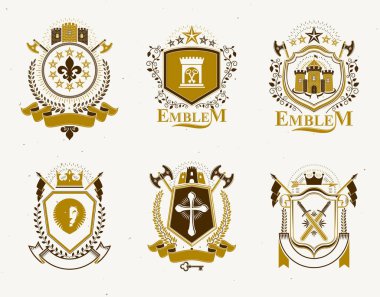 Eski stil hanedanlık armaları vektör amblem, vintage illüstrasyonlar ayarla 