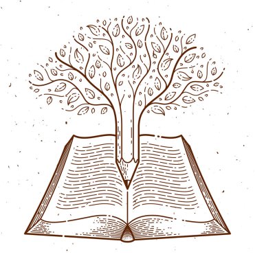 Ağaç açık vintage kitap eğitimi veya sc üzerinde kalem ile birlikte
