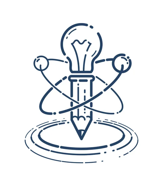 Matita con lampadina e vettore atomico semplice icona lineare, educa — Vettoriale Stock