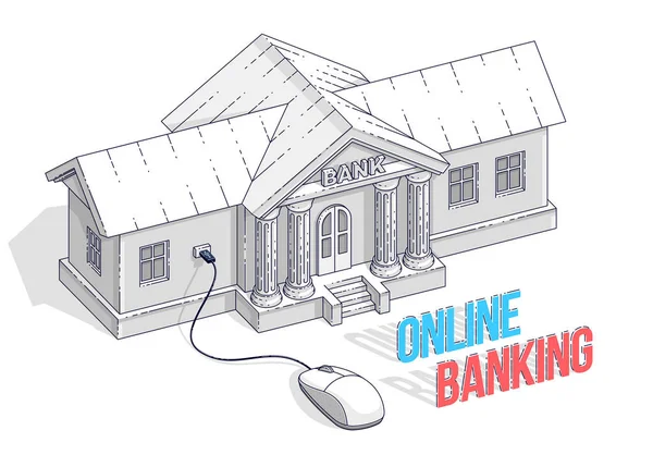 Koncepce on-line bankovnictví, bankovní budova s počítačovou myší — Stockový vektor