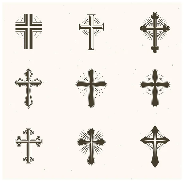 Croci Emblemi religiosi impostati. Stemma araldico, vintage ve — Vettoriale Stock