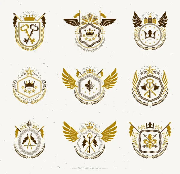Emblemas heráldicos con alas aisladas sobre fondo blanco. Coleccionistas — Archivo Imágenes Vectoriales