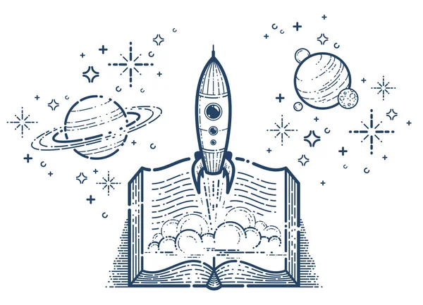 Libro abierto con lanzamiento cohete vector icono lineal, estrella de misiles — Archivo Imágenes Vectoriales