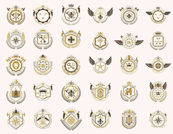 Vintage heraldikai emblémák vektor nagy készlet, antik heraldika szimbólum — Stock Vector