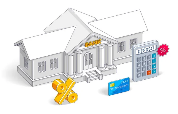 Concepto de depósito, edificio bancario con calculadora aislada en blanco — Archivo Imágenes Vectoriales