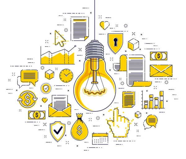 Ampoule lumineuse et ensemble d'icônes, idée d'entreprise créative conc — Image vectorielle