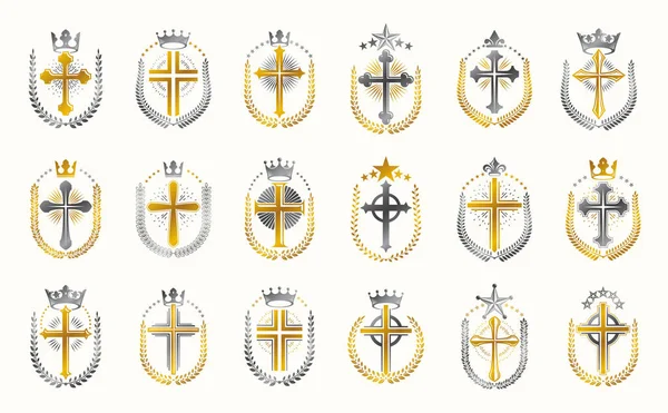 Vintage Christian cruza logotipos vectoriales o emblemas, heráldico desi — Vector de stock