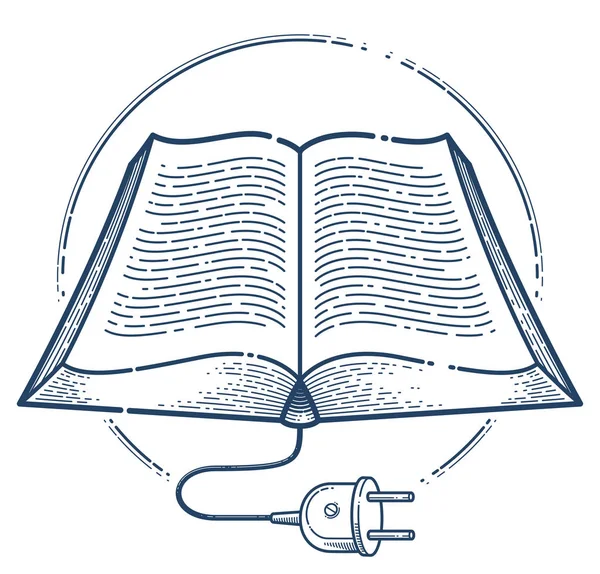 Open book with cable plug vector linear icon, ηλεκτρονικό βιβλίο co — Διανυσματικό Αρχείο