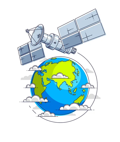 Satelitní létající oběžný let kolem země, komunikační technika — Stockový vektor