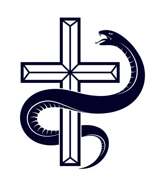 Slang op een vintage kruis tattoo, slang terugloopt Christian — Stockvector