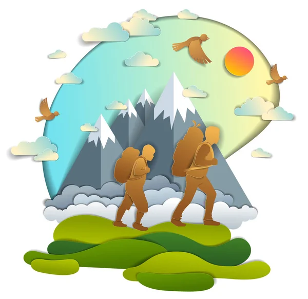 Apa és fia túrázás a természet hegyvonulat, aktív emberek, — Stock Vector