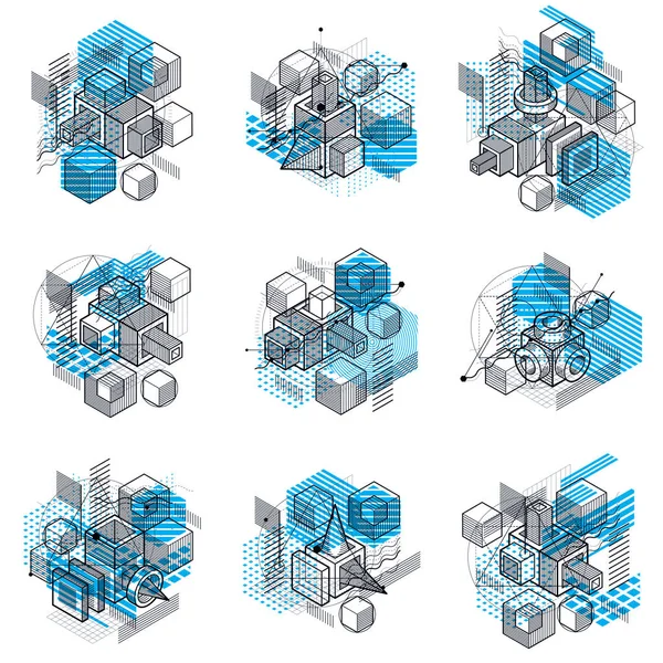 Abstrakcyjne konstrukcje z kształtami i postaciami z siatki liniowej 3D, wektorowe — Wektor stockowy