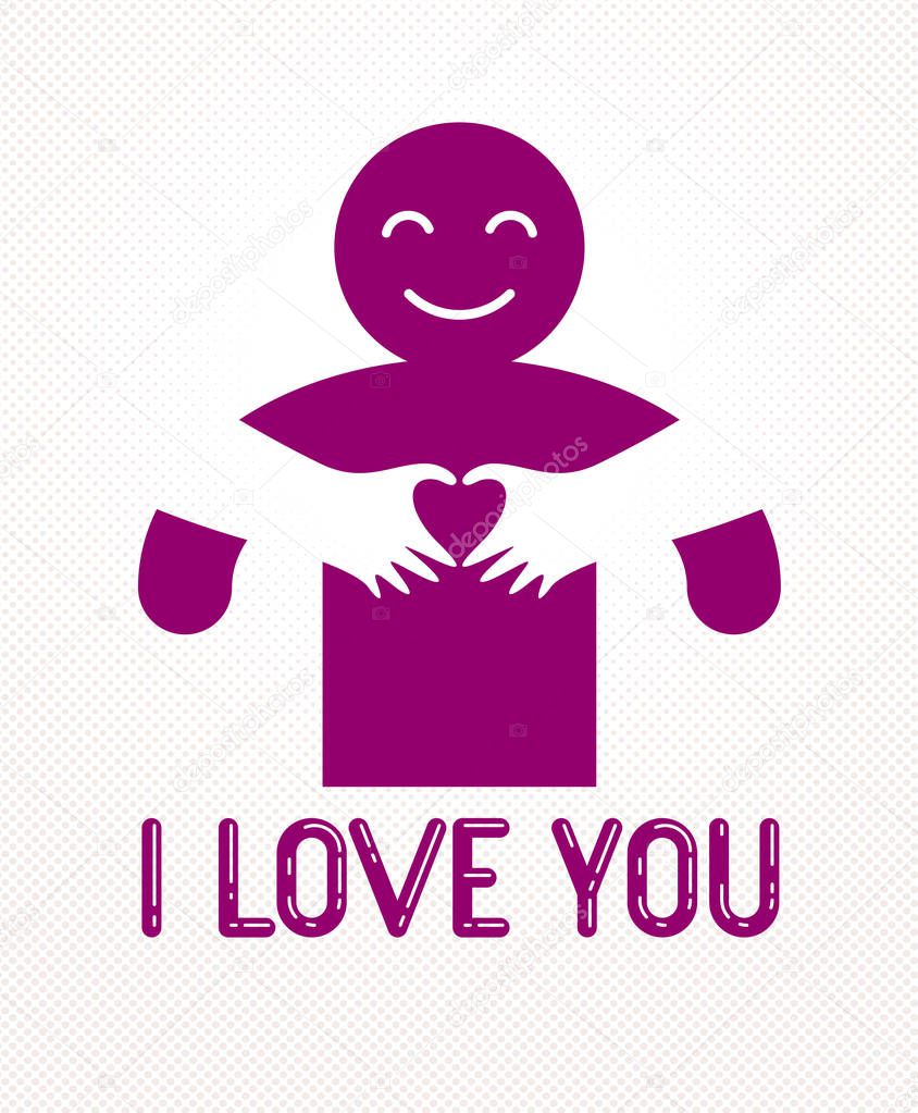 Love arms hugging lover and shows heart shape gesture hands, lover woman hugging his man and shares love, vector icon logo or illustration in simplistic symbolic style.