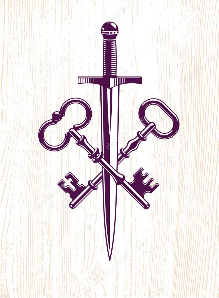 Crossed keys and dagger vector symbol emblem, turnkeys and sword