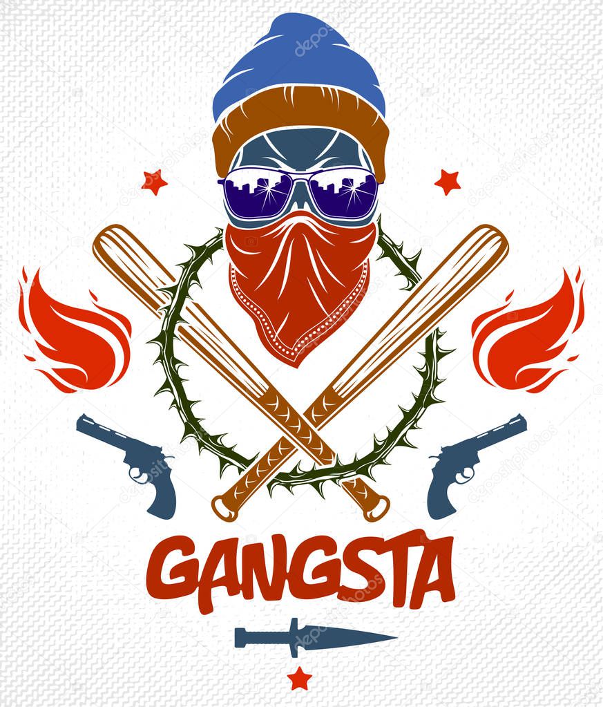 Gangster emblem logo or tattoo with aggressive skull baseball bats and other weapons and design elements, vector, criminal ghetto vintage style, gangster anarchy or mafia theme.