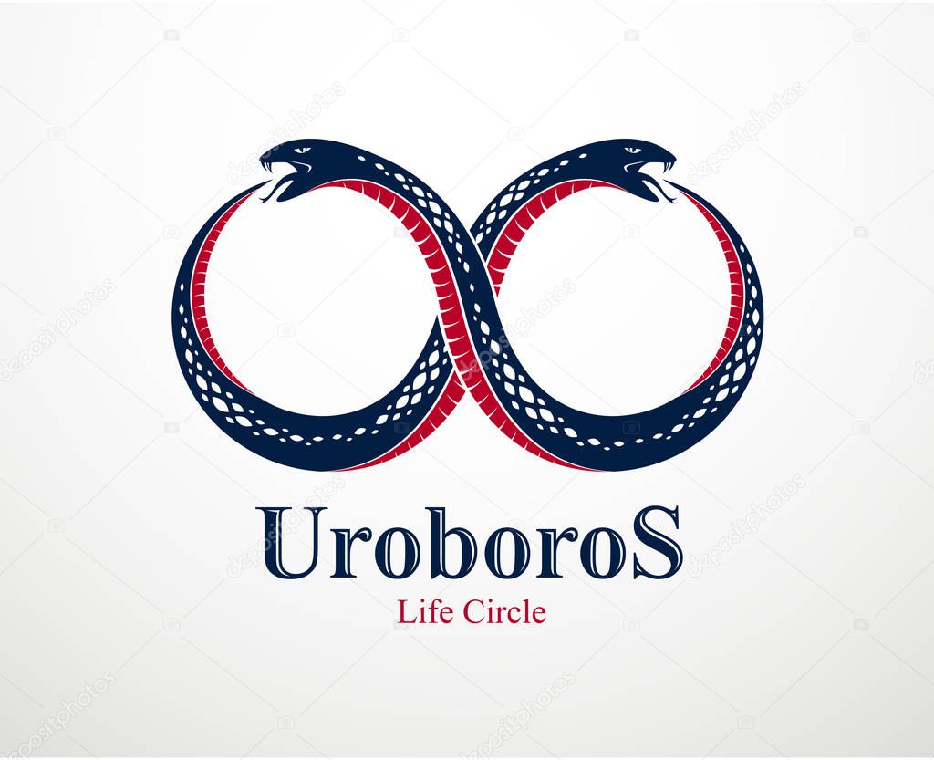 Snake eating its own tale, Uroboros Snake in a shape of infinity symbol, endless cycle of life and death, Ouroboros ancient symbol vector illustration logo, emblem or tattoo.