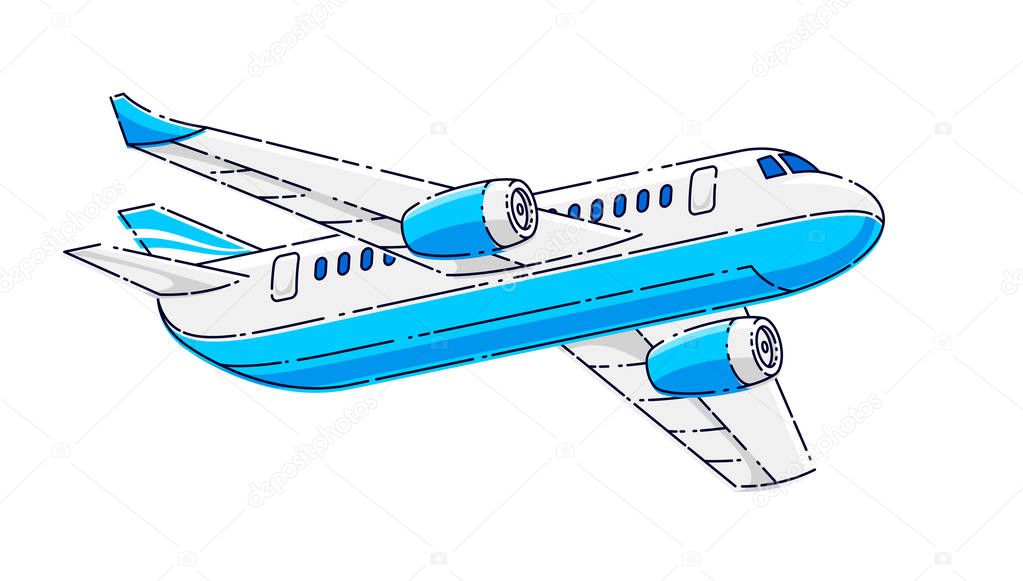 Flying plane passenger airliner isolated over white background, 