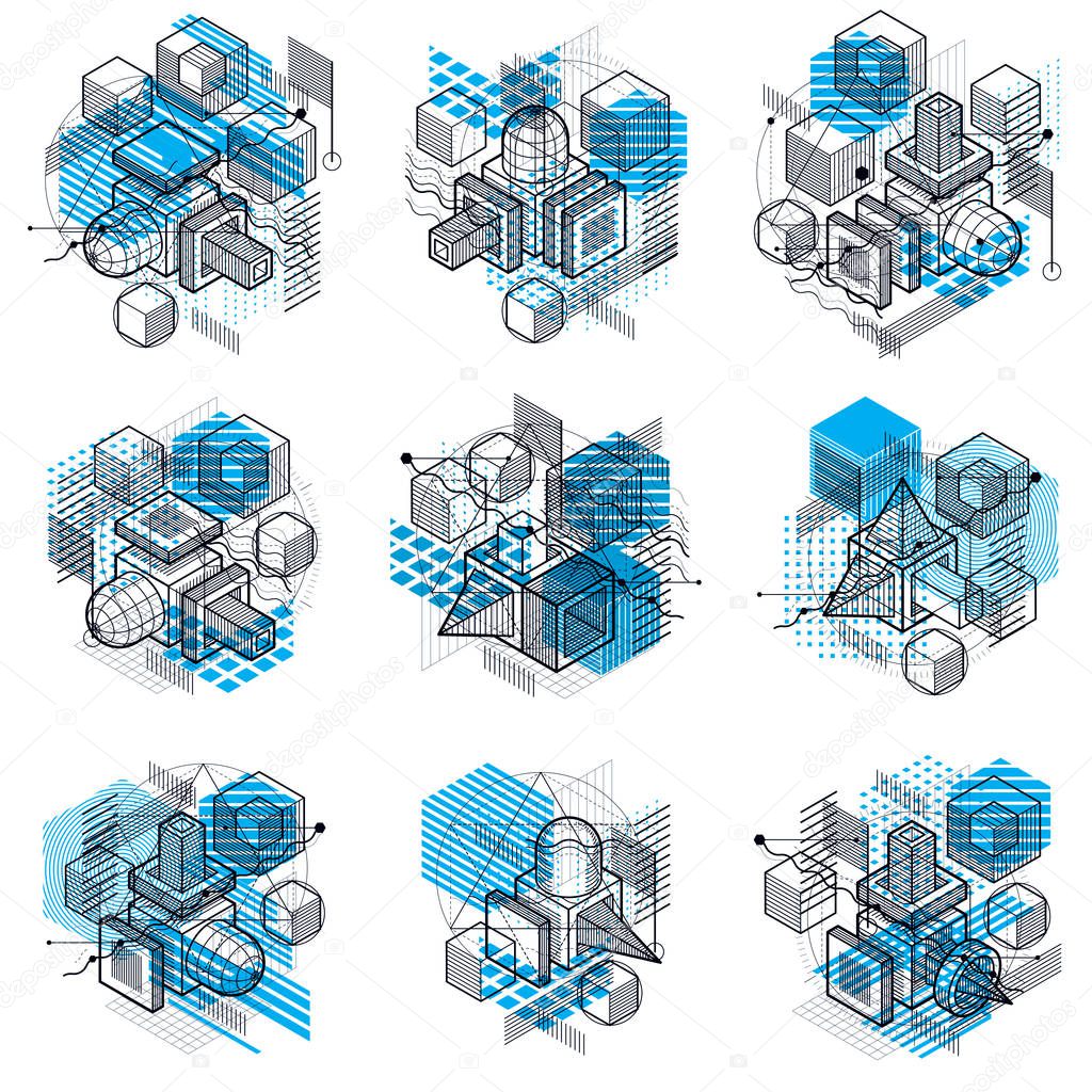 Abstract designs with 3d linear mesh shapes and figures, vector 