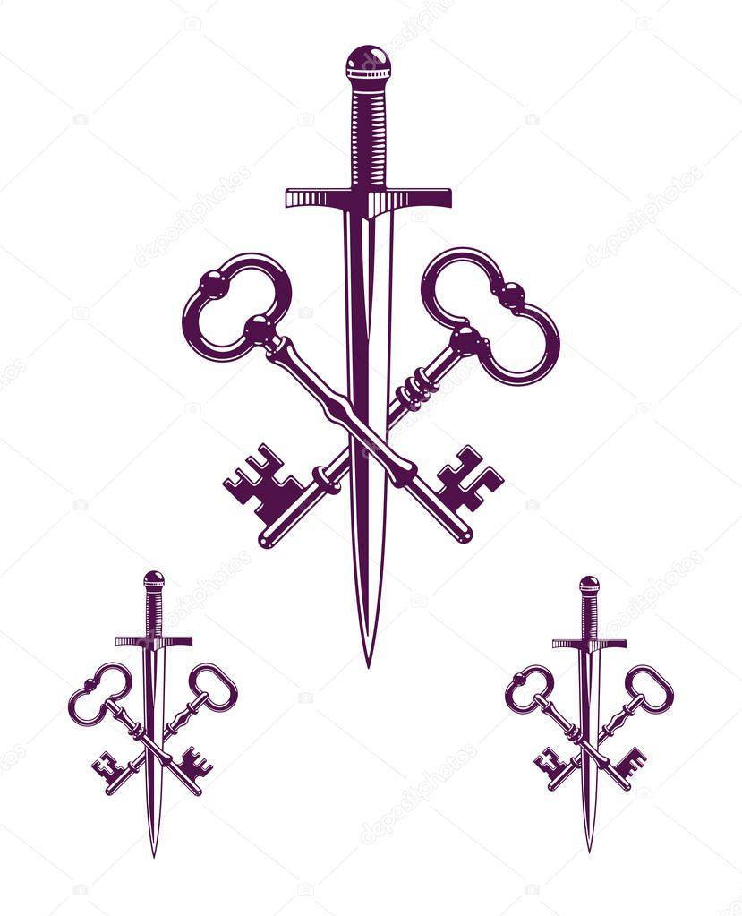 Crossed keys and dagger vector symbol emblem, turnkeys and sword