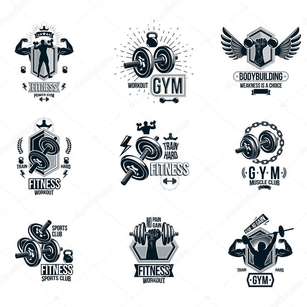 Set of vector bodybuilding theme emblems and advertising posters composed using dumbbells, barbells, kettle bells sport equipment and athlete perfect shapes.