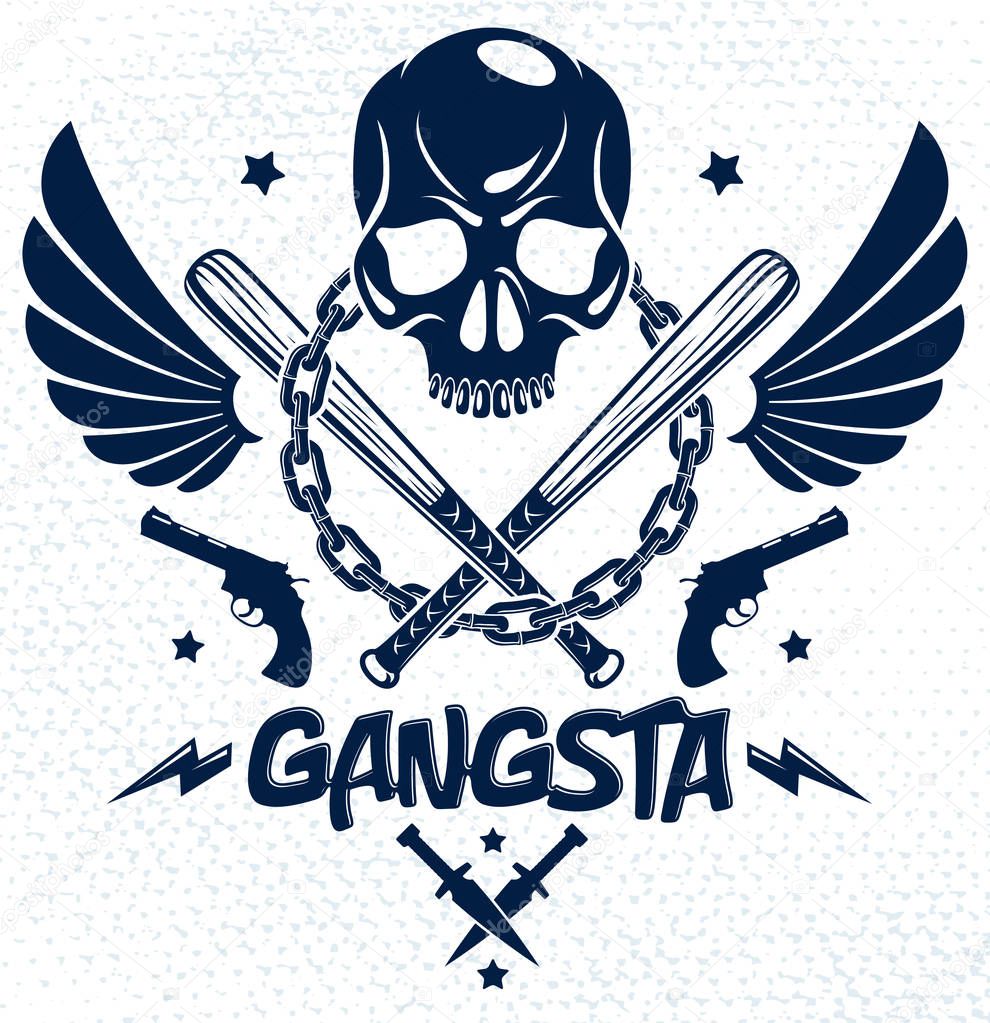 Brutal gangster emblem or logo with aggressive skull baseball bats and other weapons and design elements, vector anarchy crime or terrorism retro style, ghetto revolutionary.