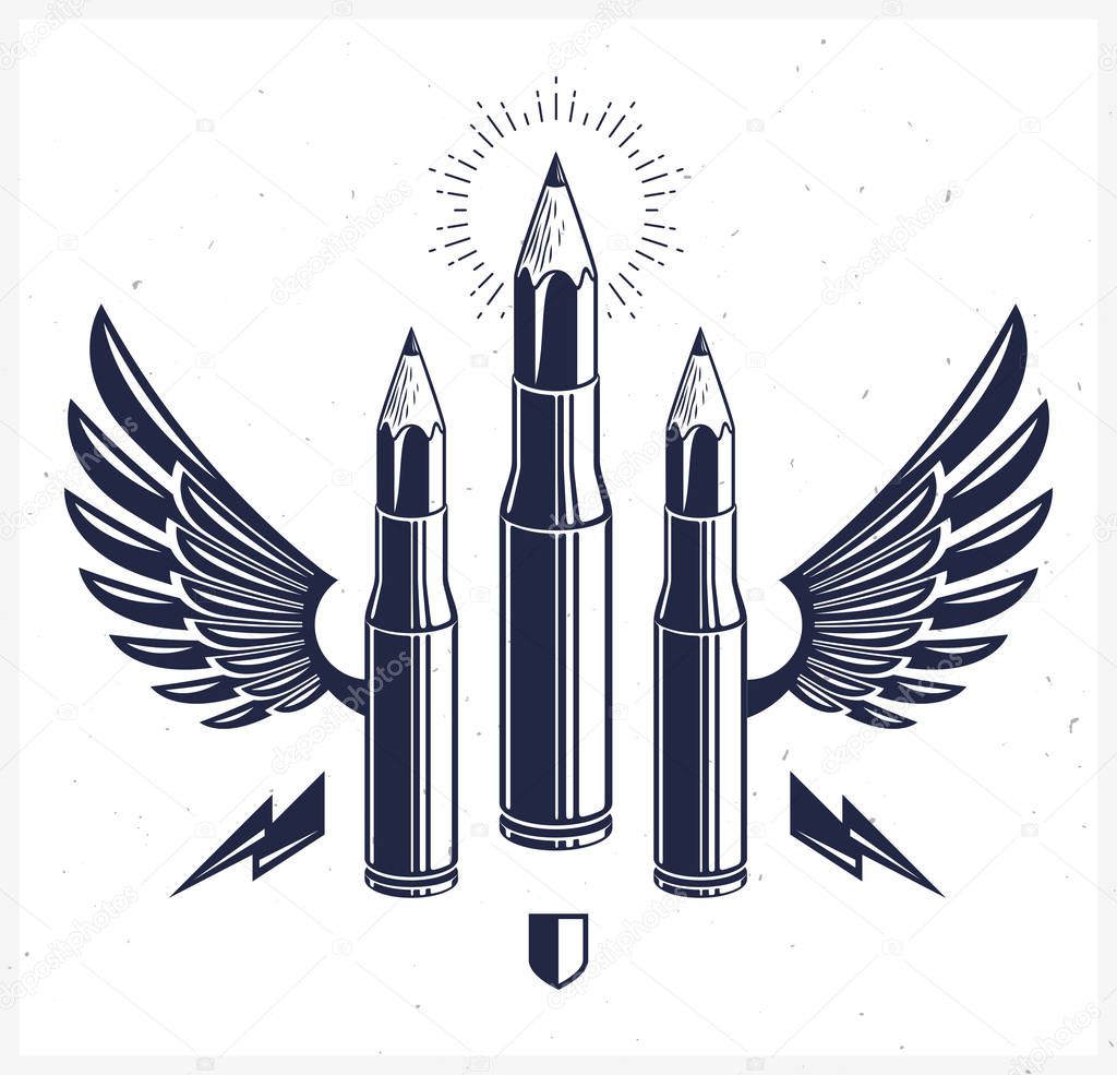 Idea is a weapon concept, weapon of a designer or artist allegory shown as a winged firearm cartridge cases with pencils instead of bullet, creative power, vector logo or icon.