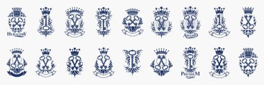 Anahtar logoları büyük vektör seti, vintage heraldik anahtar amblemleri kol