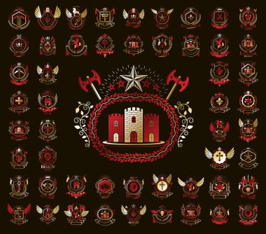 Klasik Heraldik amblem vektör kümesi, antika hanedan sembolü.