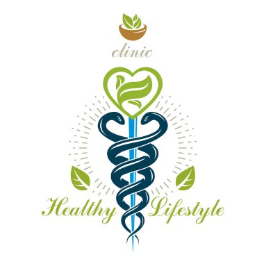 Harç ve havaneli ile oluşturulan caduceus vektör kavramsal amblemi