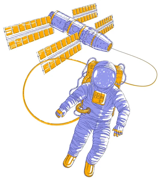 Astronauta volando en espacio abierto conectado a la estación espacial, espacio — Archivo Imágenes Vectoriales