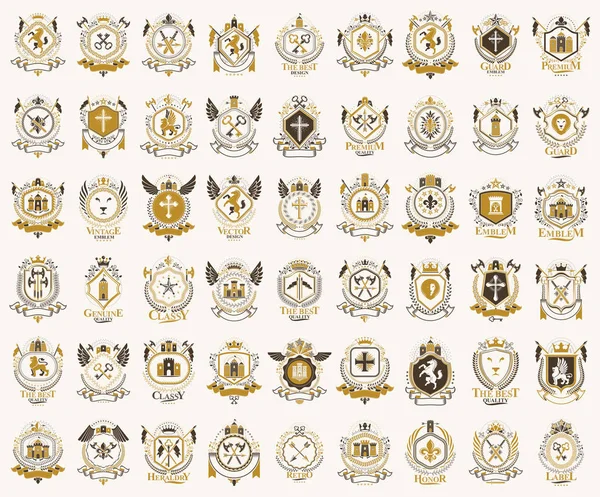 Emblemas de estilo clássico grande conjunto, símbolos heráldicos antigos prêmios um — Vetor de Stock