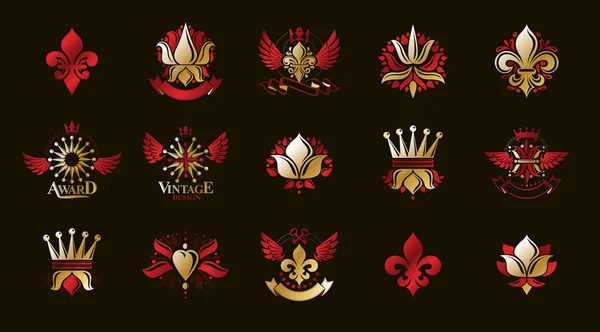 Stile classico De Lis e corone emblemi grande set, sim fiore di giglio — Vettoriale Stock