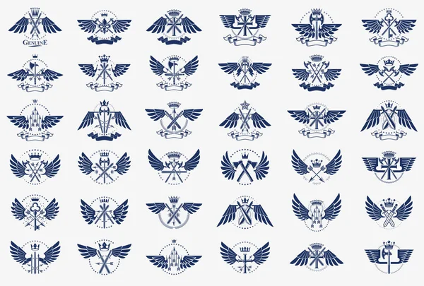 Vintage Waffen Vektor Logos oder Embleme, heraldische Designelemente — Stockvektor