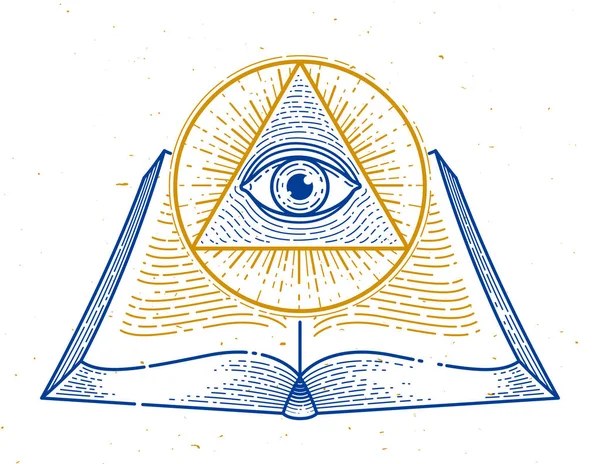 Secret knowledge vintage open book with all seeing eye of god in — Stock Vector