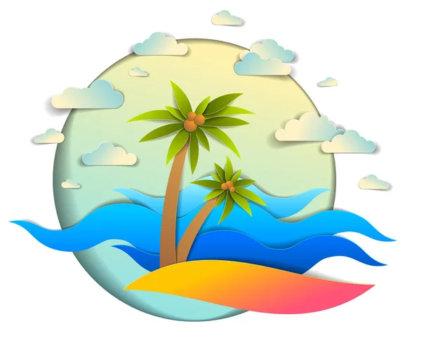美丽的海景与海浪，海滩和棕榈树，云在th — 图库矢量图片
